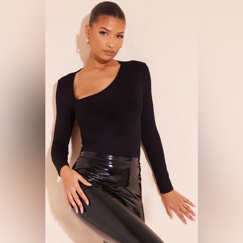 Pretty Little Thing Black Asymmetrical Jersey Thong Bodysuit